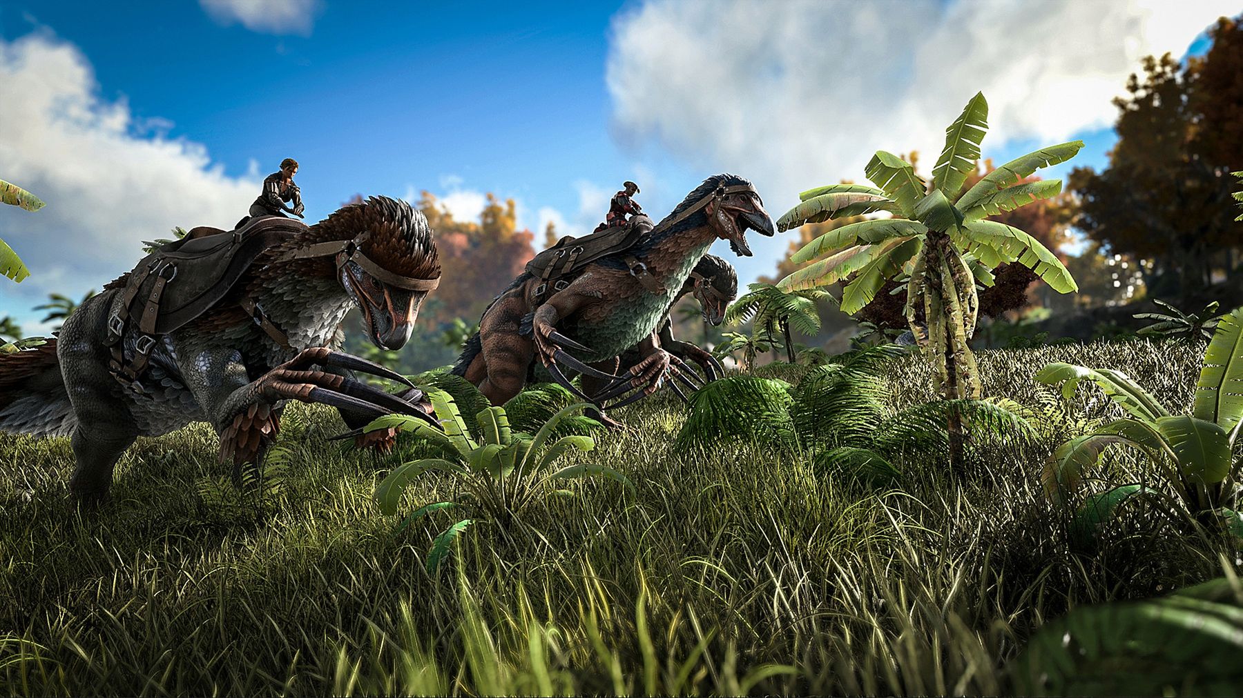 Two riders on tamed carnivores crossing a sunlit meadow