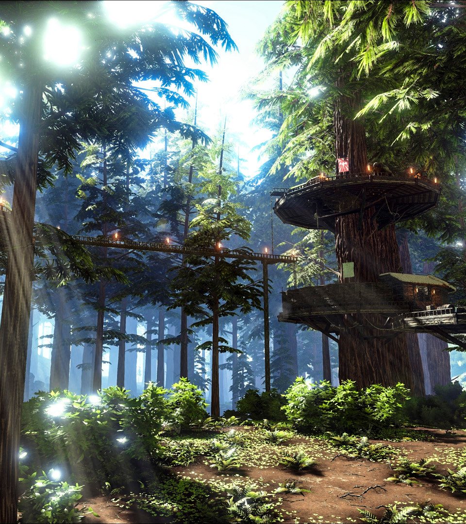 A treetop platform village in a glowing forest