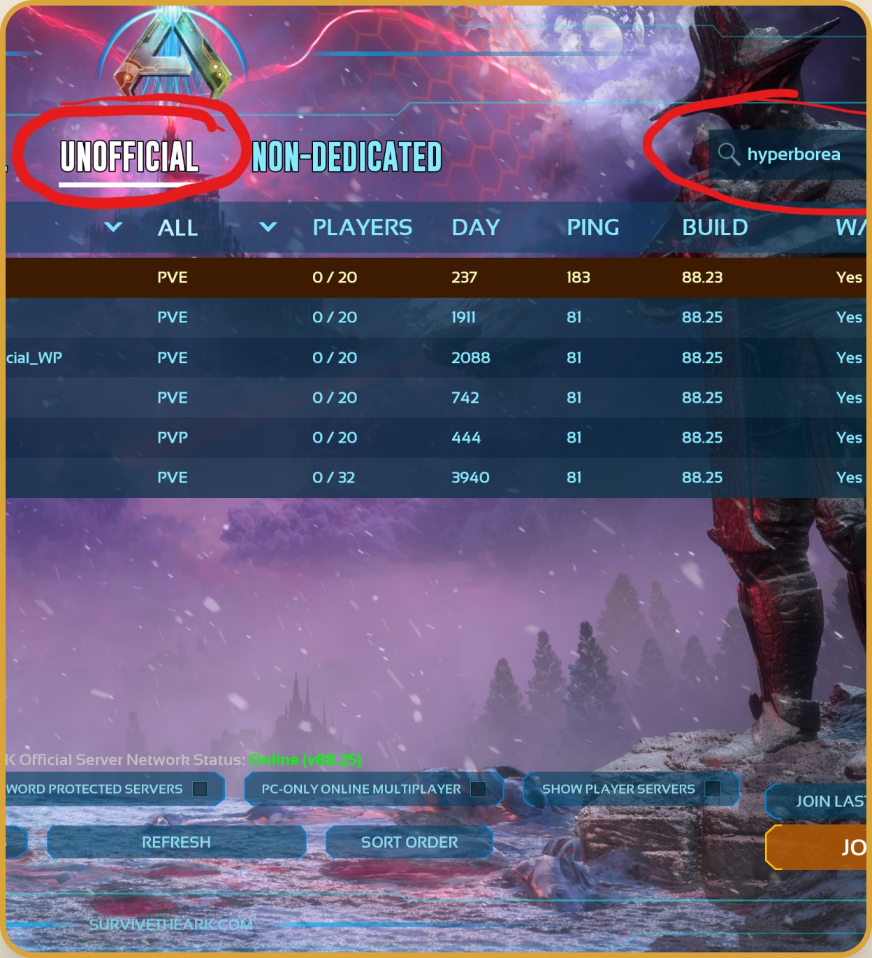 ARK server browser showing the Unofficial tab selected and 'hyperborea' typed into the search filter
